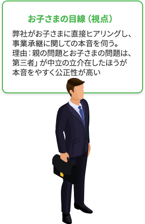 会社の視点 会社＝社長、お子さま、支援者の三位一体会社の存続の為、内部・外部の環境を徹底的に分析。【A】親子間承継【B】第三者承継どちらがベストかを中立の立場でご提案